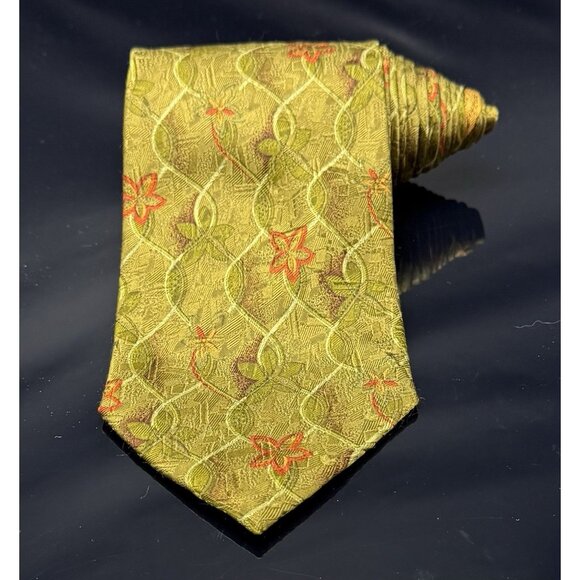ERMENEGILDO ZEGNA YELLOW Orange Green FLORAL SILK MEN'S Neck Tie 60.5” - Picture 2 of 6